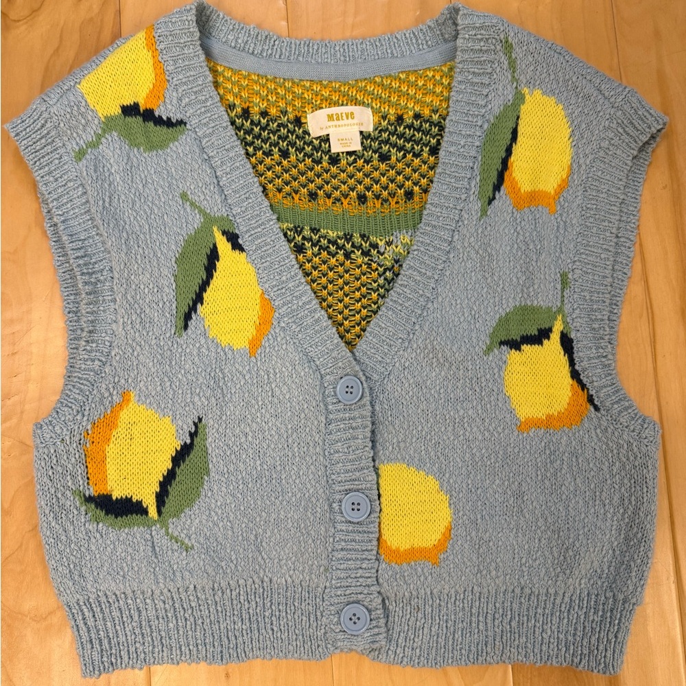 Anthropologie Maeve Blue Lemon Knit Vest